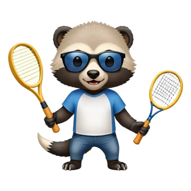 mischievous anthropomorphised honey badger in jeans and a t-shirt, wearing sunglasses, holding a tennis racket sticker