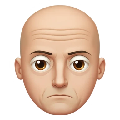 Steven Miller, bald, scowling expression, narrow rectangular head, bottom lip sticking out, eyelids almost closed and lower on the outside sticker
