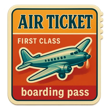 retro plane ticket, 1950s style, classic fonts, perforated edges sticker