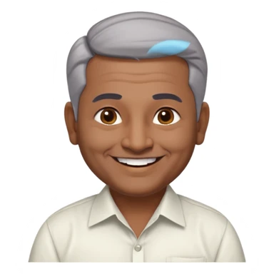 50 yr old indian man, dark skin, grey hair, big smile, white teeth, chubby, no moustache, clean shaven, young style hair, hair brushed back, 5 oclock shadow, bindy, dress shirt, forehead dot, chubby, religious sticker