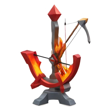 Accurate crossbow sculpture symbolizing Sagittarius with a geometric, faceted design. The symbol is standing upright with angular and disney features. The vibrant red flame colors highlights the sharp edges and planes. sticker