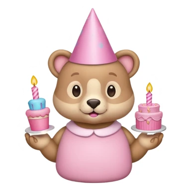 cute animal hold a pink birthday cake in both arms with pink birthday hat sticker