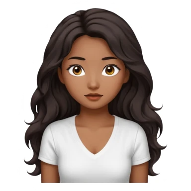iOS style emoji. A girl with very long dark brown wavy hair. And the eyes color is dark brown. And she is wearing white t shirt with V kneck. And she is 30. She is Asian with double eyelids  sticker