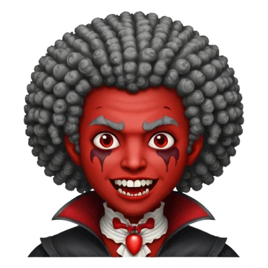 vampire with grey skin, fanged teeth, blood on face and a curly Afro sticker
