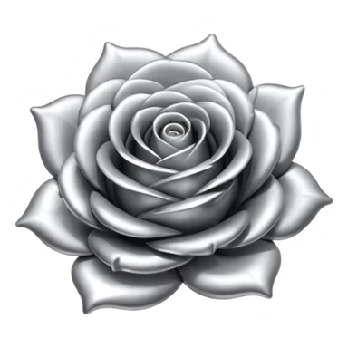 A rose emoji made of liquid silver metal, smooth metallic petals, reflective chrome surface, soft gradients, elegant shape, minimalistic iOS emoji style, centered, clean white background, realistic highlights, no text sticker