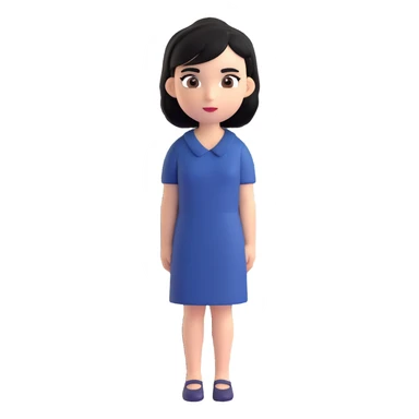A girl with black hair, dark brown eyes, a beautiful face, short, straight hair to the shoulders, and a navy blue dress. sticker