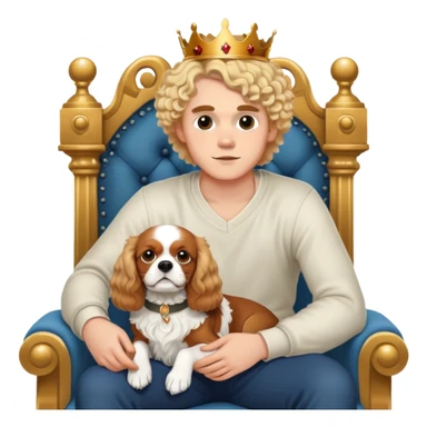 22 years old man blonde short curly hair  with a King Charles spaniel on his lap on a throne sticker