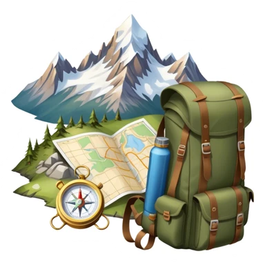 Icon for Expeditions: a compass, a map and a backpack with trekking gear, placed on a rugged mountain terrain with snow-capped peaks. The icon should evoke the spirit of adventure and discovery in remote, unexplored places. Transparent background. sticker