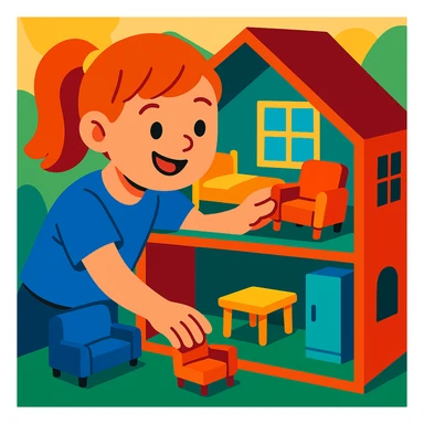 smiling girl arranging furniture in doll house sticker
