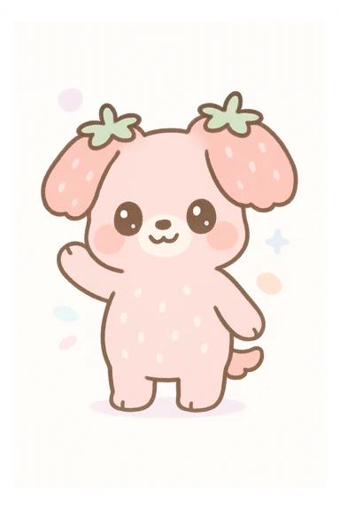 strawberry dog standing, waving, strawberry top as ears, soft and fuzzy, kawaii style sticker