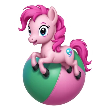 Pinkie Pie pony from My Little Pony happily bouncing on a big colorful ball, cartoon style, bright colors, cheerful expression, background with green meadow or playground sticker