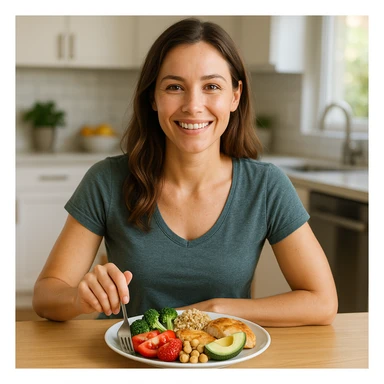smiling woman with healthy appearance and balanced physique, sitting at a table with a colorful and varied plate including vegetables, whole grains, lean proteins, fruits, and healthy fats, bright atmosphere, hyperrealistic 4K details, domestic environment or modern kitchen sticker