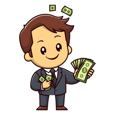 white male in a suit with money in his hand, smiling expression, happy face, brown hair sticker