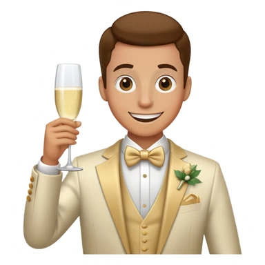 Wedding crasher character in fancy clothes trying to blend in at a wedding reception, holding champagne glass, goofy smile sticker