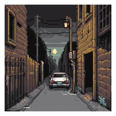 Pixel art back alley, graffiti walls, broken fence, flickering street light, abandoned car, urban decay, vertical composition, 9:16, Sega style 2D fighter background
 sticker