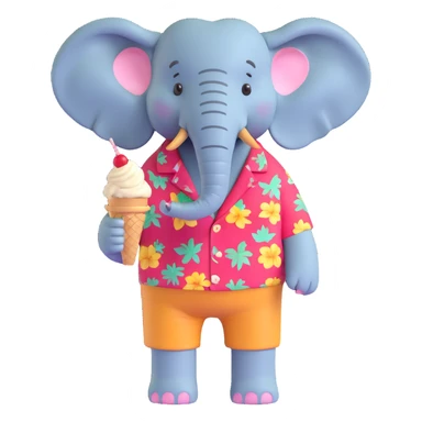 elephant in a Hawaiian shirt and shorts, holding an ice cream, summer vibe sticker