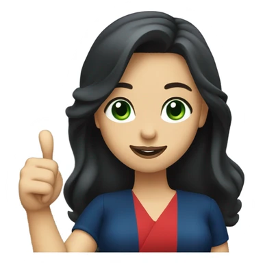 
a brunette with long hair and green eyes, with red lips and in a dark blue dress shows a thumbs up sticker