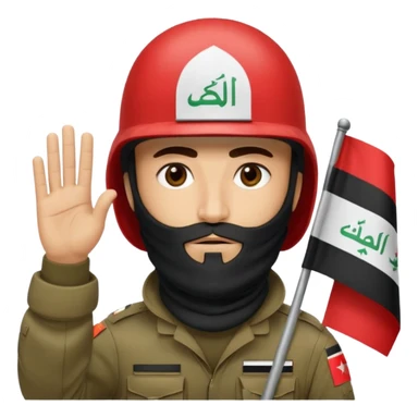 surrenders, depicts an Iraqi soldier from 1980, with a beard, in a helmet, a helmet with sign flag Iraq, with a balaclava, with sad eyes and both hands raised up sticker