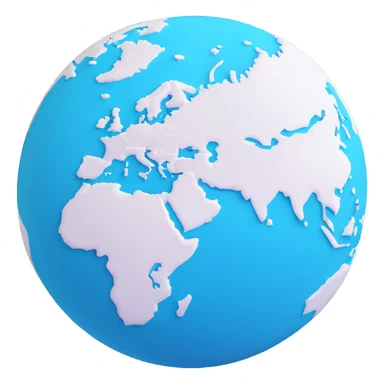 3D cyan globe icon with white land, modern style, subtle shadow sticker