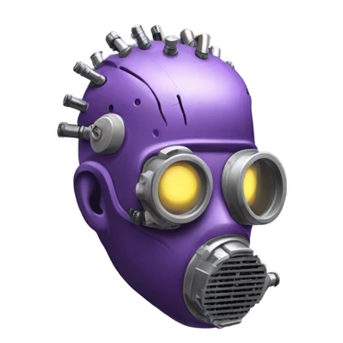 Purple mohawk cyborg head with grey respirator mask and circuits sticker