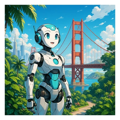 Anime-style AI robot in a futuristic San Francisco paradise, lush greenery, blue skies, hopeful atmosphere sticker