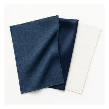 Сгенерируй мне аккуратный, но не квадратный, кусок джинсовой ткани, на чисто белом фоне. И чтобы было три разных ткани, допусти одна джинсовая, вторая шелк, третия хлопок. И они рядом с друг другом, как карты, веером

 sticker