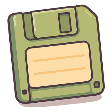Add clear, graphic shadows and highlights to the olive green floppy disk with a beige label in pastel toon style. No face, just a simple drawing with bold outlines. Place shadows and highlights where appropriate to create a sense of volume. No background. sticker