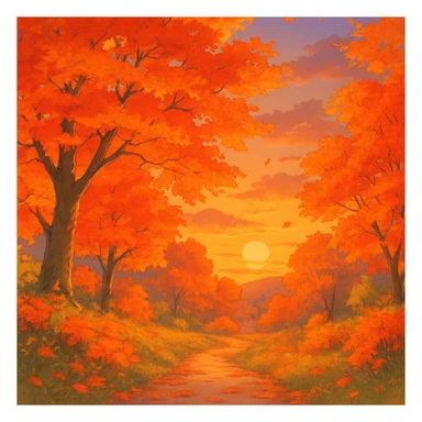 fall season sunset with vibrant autumn colors, colorful leaves, cozy atmosphere in ghibli style sticker