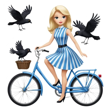Blonde Silkstone Barbie enid sinclair from academy in blue and black vertically-striped classic dress riding bikes with crows sticker