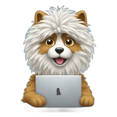 Fluffy working at a desk with a laptop sticker