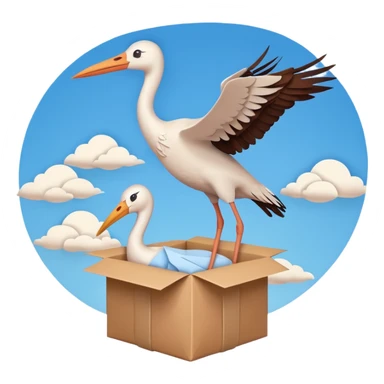 stork flying with a human baby in a bundle, paper craft style sticker