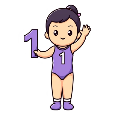 Girl in leotard holding number 1 sticker