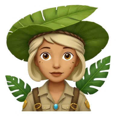 a old female explorer with jungle wearing a large leaf headgear bye  sticker