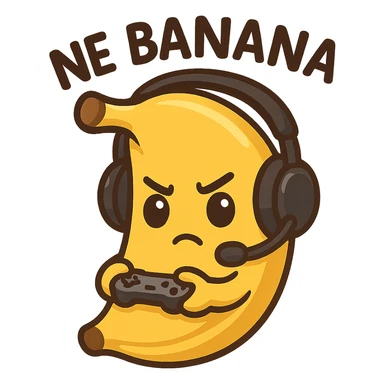 Cartoon banana wearing headset, holding tiny controller, focused expression, text above: "NE BANANA", chibi style, Twitch emoji style, transparent background, colorful sticker