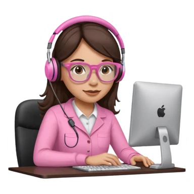 woman emoji with light pink glasses working on computer, light skin, long dark brown hair sticker