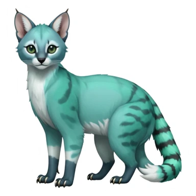 Colorful dark tropical pale light jade-green, mint-blue, whitish pastel white glorious divine exotic cute cool beautiful shiny beautiful fantasy-caracal-civet-genet-sergal-vernid-Gryphon-Cacomistle-Trico-oncilla-animal-Fakémon-hybrid-fursona (full body) sticker