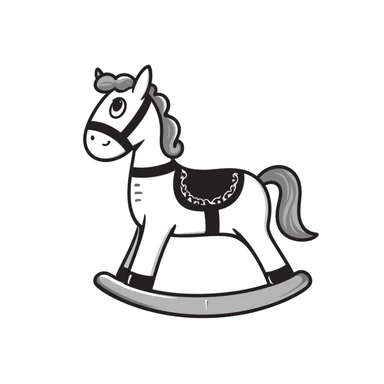A hand-drawn toy rocking horse with western details and a cute face sticker