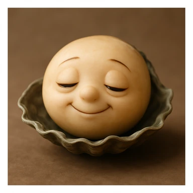 A cute oyster with a sleepy expression, half-closed eyes and a small smile, photorealistic style. sticker
