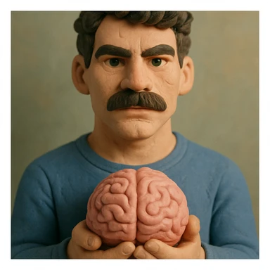 Make the claymation man holding a brain look younger with a more chiseled face, keeping the dark curly hair, thick mustache, light skin, and claymation style with visible fingerprints and pastel colors. sticker