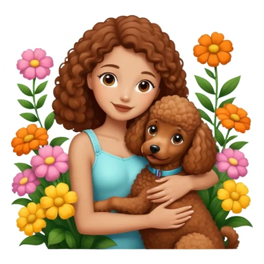 A beautiful girl happily hugs a brown poodle in the flowers sticker