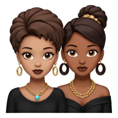 Boujy baddie best friends, trendy heavy makeup both dark hair one light skinned and one mocha brown pretty hair style both wearing black and earrings and necklace one mocha brown skin sticker