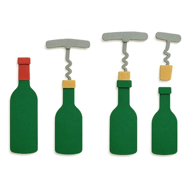 a single scene showing multiple sequential stages of steel wine bottle opening in paper craft style: capsule removal, opener insertion, cork pulling, cork fully removed, no background sticker