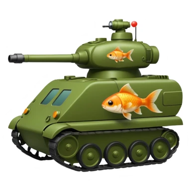 goldfish as tank commander in a green army tank, iOS emoji style sticker