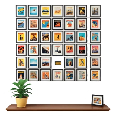Icon for Photograph and Poster Collecting: a collection of photographs and movie posters, neatly displayed on a wall or in frames. The icon should evoke the nostalgia and artistic value of collecting rare images and posters. Transparent background. sticker