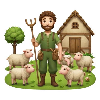 happy shepard with long curly brown beard and long curly brown hair, in green village outfit, with wooden shepard stick in hands, taking care of sheep and pigs sticker
