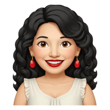 60 yr old peruvian woman, slightly chubby, wavy/curly long black hair, red lipstick, big smile, white teeth, brown eyes, hoop earings, side part to hair, round face, pretty white dress, hair side swept sticker
