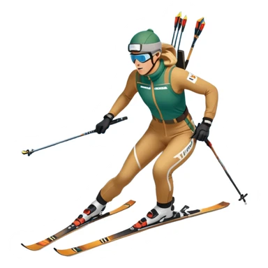 An icon featuring snow-covered trees, distant mountains, and a clear blue sky with a biathlete in motion, holding a rifle and skiing across a snowy course. Transparent background highlights the precision, endurance, and excitement of biathlon. sticker