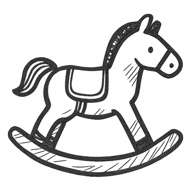 rocking horse, outlined icon style, black lines, no fill, modern and recognizable sticker
