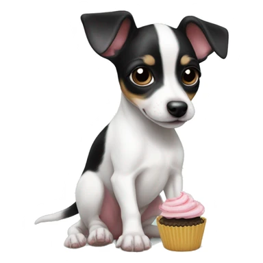 Cute big eyed Black and white rat terrier puppy (no brown) eating a cupcake sticker