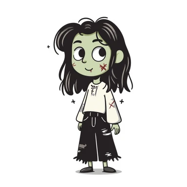 Girl zombie with messy long brown hair, stitches on face, pale green skin, and torn clothes sticker